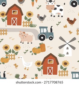 Patrón sin fisuras con animales de granja. Esquema de Vector dibujado a mano con personajes divertidos: una vaca, un cerdo, pollos, un tractor y un molino.