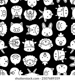 Seamless pattern farm animals head shot cute kawaii background face doodle cartoon illustration japanese style kiddy cow, pig, horse, rabbit, chicken, goat, sheep, dog, duck, livestock