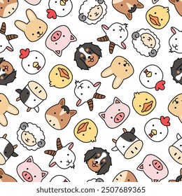 Patrón sin fisuras animales de granja tiro de cabeza lindo fondo kawaii cara doodle ilustración de dibujos animados estilo japonés kiddy vaca, cerdo, caballo, conejo, pollo, cabra, oveja, perro, pato, ganado