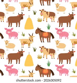 Seamless pattern farm animals horse pig sheep cow ox. Repetitive background with a rustic motif. Vector hand draw paper, nursery design wallpaper