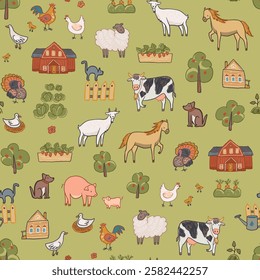 Seamless pattern with farm animals and houses. Vector illustration.