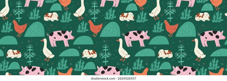 Seamless pattern with farm animals, including cows and pigs, on a green background with trees and barns. Playful and colorful rural theme, ideal for children's textiles, wrapping paper