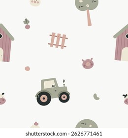 Seamless pattern with farm animals. Kids background. For card, posters, banners, books, printing on the pack, clothes, fabric, wallpaper, textile or dishes.