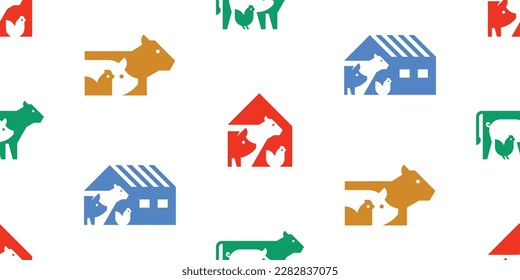 Seamless pattern with Farm animals logo cow, pig and chicken. isolated on white background