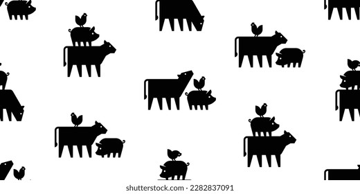 Seamless pattern with Farm animals logo cow, pig and chicken. isolated on white background