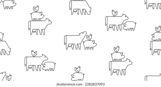 Seamless pattern with Farm animals logo cow, pig and chicken. isolated on white background