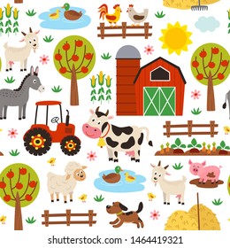 Seamless Pattern With Farm Animals On White Background - Vector Illustration, Eps    