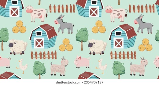 Seamless pattern with farm animals on green background