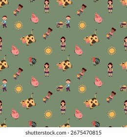 Seamless Pattern of Farm Animals and People. Design for fabric, textile, wallpaper, packaging, for children.	