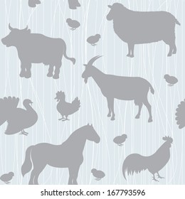 Seamless pattern with farm animals silhouettes over blue