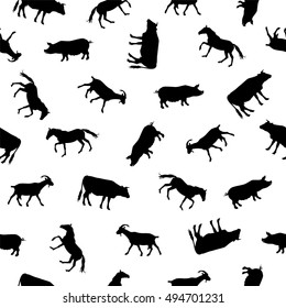Seamless pattern - farm animals silhouettes