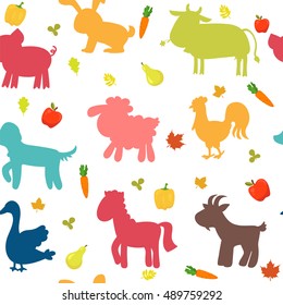 Seamless pattern with farm animals, vegetables, leaves and fruits. Vector illustration