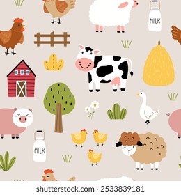 Seamless pattern with farm animals for your fabric, children textile, kids apparel, nursery decoration, gift wrap paper. Cow, pig, sheep, goose, mill, tree. Vector illustration	