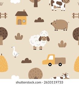 Padrão contínuo com animais de fazenda para o seu tecido, tecidos de crianças, vestuário infantil, decoração de berçário, papel de embrulho de presente. Vaca, porco, ovelha, ganso, moinho, árvore. Ilustração vetorial