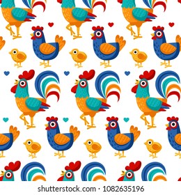 Seamless pattern from farm birds family cartoon flat illustration. rooster hen chicken egg. Vector background
