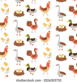 Seamless pattern farm birds geese duck chicken turkey. Repetitive background with a rustic motif. Vector hand draw paper, nursery design wallpaper