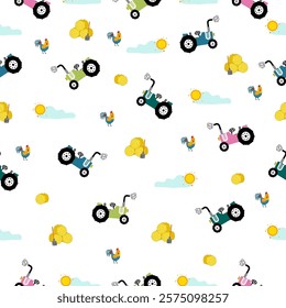  Seamless pattern of farm cartoon. Seamless pattern with tractor and Straw bale and chicken