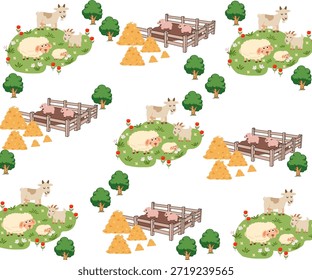 Un patrón sin fisuras de dibujos animados de granja con varios Elementos y animales. Los animales presentados incluyen ovejas, cabras, cerdos y pollos