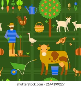 Seamless pattern with farm characters and items. Сow, cat, farmer with shovel, chicken, goose, goat, vegetables, apple tree, wheelbarrow, basket, pumpkin. Flat vector illustration on green background 