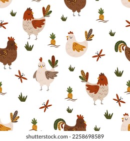 seamless pattern with farm chicken on the white background