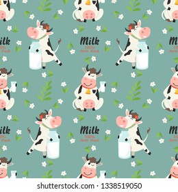Seamless pattern with farm cows and milk bottle. Vector illustration for your design
