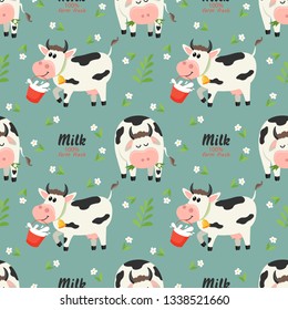 Seamless pattern with farm cows and milk bottle. Vector illustration for your design