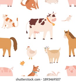 Seamless pattern with farm domestic animals. Endless repeatable backdrop with cow, horse, goat, pig, rabbit, cat, dog, mouse, hen and chicken. Colorful flat vector illustration on white background