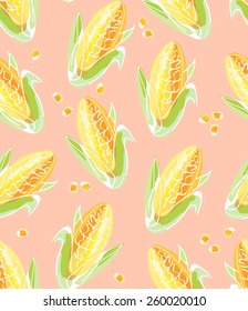 Seamless pattern of farm fresh yellow corns isolated over pink background. 