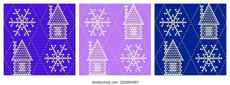 Seamless pattern with farm house, snowflakes and dotted texture. Each pattern is isolated. Winter seamless pattern for Christmas or New Year decoration, cover or other using. Vector illustration. Set.