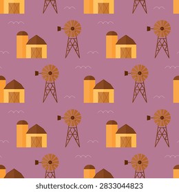 seamless pattern farm house windmill barn on purple background vector wallpaper textile giftwrap fabric