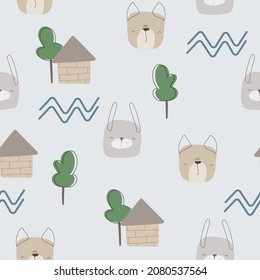 Seamless Pattern of farm Landscape in Cartoon style. Vector Background with Rabbit or Bunny and dog, houses and trees. Illustration on light blue backdrop.