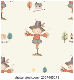  Seamless Pattern with Farm landscape. Kind Smiley Scarecrow  Birds,  Trees Houses. Hand drawn vector illustration. Engraving, line art texture