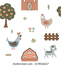 Seamless Pattern Farm Life. Vector Illustration With Farm House, Apple Tree, Chicken, Rooster And Cat For Your Design