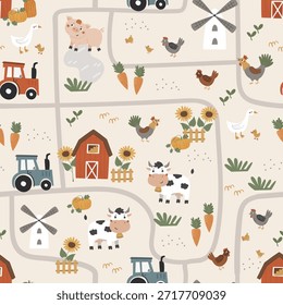Nahtloses Muster mit einer Farmkarte. Handgezeichnete Vektorkontur mit lustigen Zeichen: eine Kuh, ein Schwein, Hühner, einen Traktor und eine Mühle.