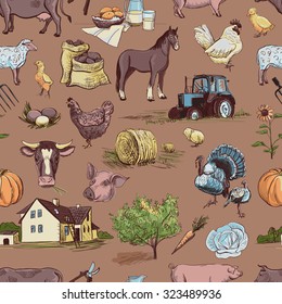 seamless pattern with farm related items with cow, goat, pig, chicken, rooster, horse, turkey, tractor, rakes, sunflowers, cabbage, carrots, eggs, milk, haystack