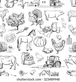 seamless pattern with farm related items with cow, goat, pig, chicken, rooster, horse, turkey, tractor, rakes, sunflowers, cabbage, carrots, eggs, milk, haystack