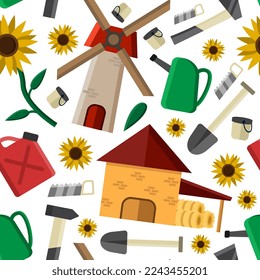 seamless pattern with farm related,villadge,agriculture items.Vector graphic