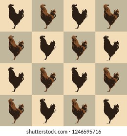 Seamless pattern farm Rooster birds silhouette, vintage style. Domestic cockerel animals simple cute print, village style drawing texture for fabric cloth or farmer wall paper, vector eps 10