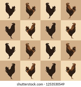 Seamless pattern farm Rooster birds silhouette, vintage style. Domestic cockerel animals simple cute print, village style drawing texture for fabric cloth or farmer wall paper, vector eps 10