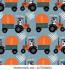 Seamless pattern with farm tractor and orange pumpkin.Cartoon transport with cute dog driver.Colored background and texture for printing on fabric and paper.Vector hand drawn illustration .