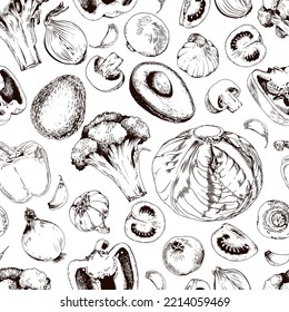 Seamless pattern with farm vegetables. Hand drawn vector illustration on white background.