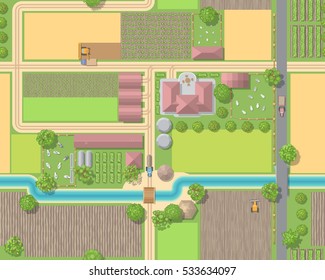 Seamless Pattern. Farm View From Above. Fields, Houses, Buildings, Roads, Trees, Bushes, River. (Top View) 