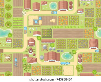 Seamless pattern. Farm view from above. Fields, houses, buildings, roads, trees, bushes, river. (Top view) 