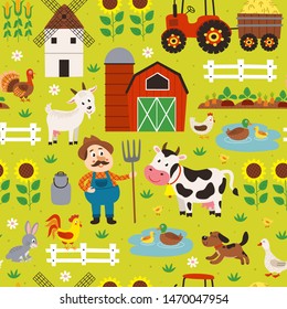 seamless pattern with farmer and farm animals  - vector illustration, eps    