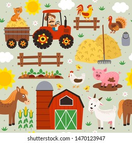 seamless pattern with farmer riding a tractor and farm animals  - vector illustration, eps    