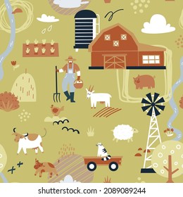 Seamless pattern of farmer works on the farm in the garden. Farm animals and transport in field. Cute print, fabric, wallpaper. Vector cartoon illustration