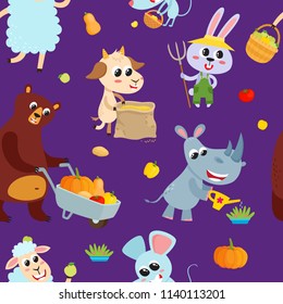 Seamless pattern with farmers and gardeners animal with tools isolated on violet. Vector background of cute cartoon bear, mouse, sheep, goat and hare used for textile, web pages, scrapbooking.