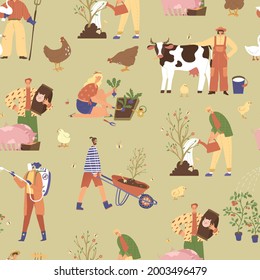 Seamless pattern with farmers, plants, animals. Vector illustration. Flat style. Farming, gardening, farm pets, growing plants, care for livestock. Paper, textile design. Geese, hen, cow, pigs, turkey