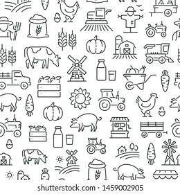 Seamless Pattern With Farming And Agriculture. Black And White Thin Line Icons