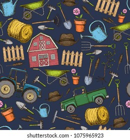 Seamless pattern of farming equipment icons. Farming tools and agricultural machines decoration, sketch illustration. Vector